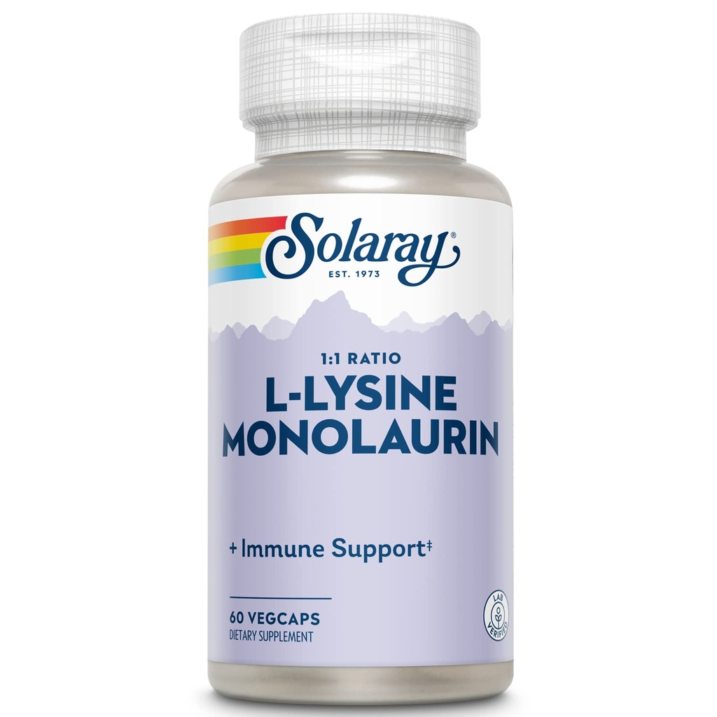 SOLARAY L-Lysine Monolaurin Immune Support Supplement, 1:1 Ratio for Immune System Function, 500 mg Each, 60-Day Money Back Guarantee, 30 Servings, 60 VegCaps