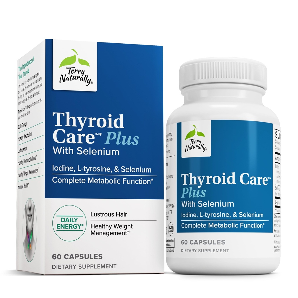 Terry Naturally Thyroid Care Plus - Iodine + L-Tyrosine, 60 Capsules - Thyroid Support Supplement with Selenium, Promotes Energy & Metabolism - Non-GMO, Gluten-Free, Kosher - 30 Servings