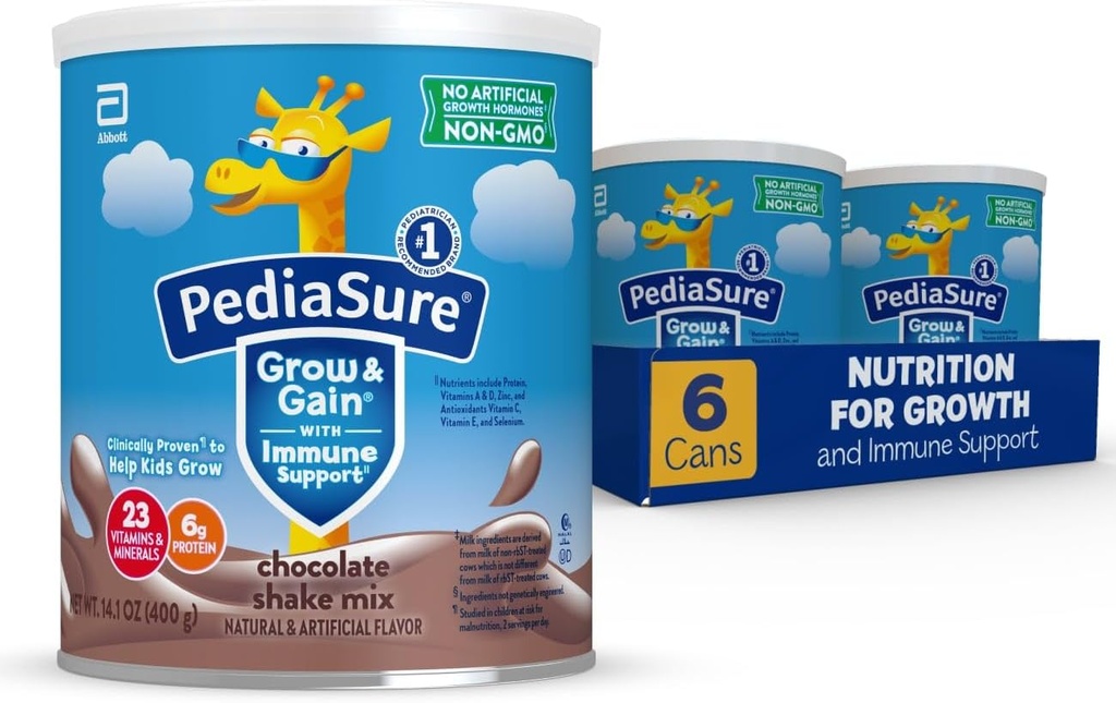 PediaSure Grow & Gain with Immune Support Shake Mix Powder, 23 Vitamins & Minerals, 6g Protein, Non-GMO, Gluten-Free, Kids Nutrition, Chocolate, 14.1 oz Can, Pack of 6-48 servings