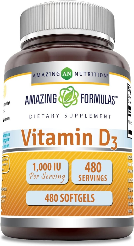 Amazing Formulas Vitamin D3 1000 IU Softgels Supplement | Non-GMO | Gluten Free | Packaged in USA (1 Pack | 480 Count)