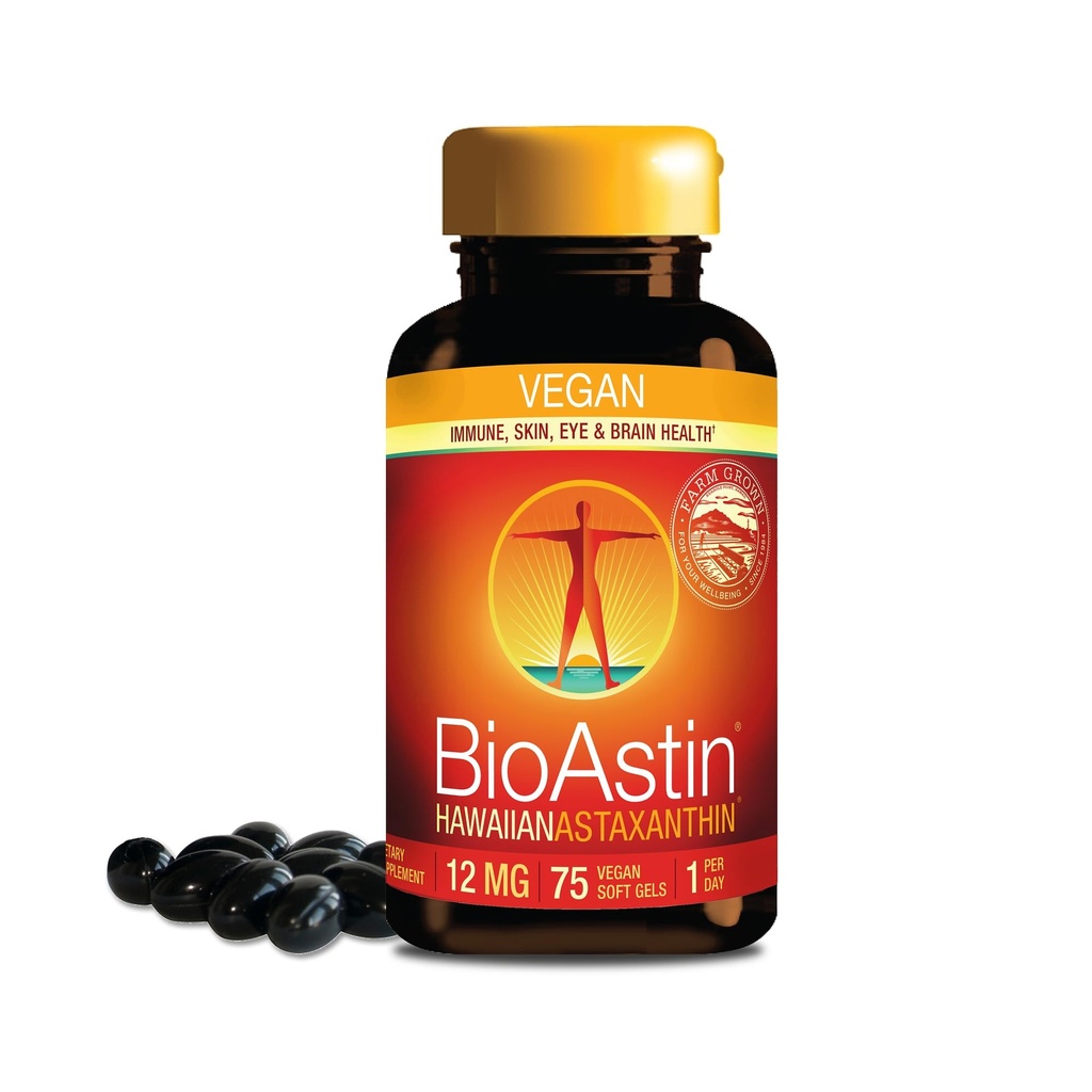 Nutrex Hawaii Vegan BioAstin Hawaiian Astaxanthin - 12mg, 75 Softgels - Farm-Direct Premium Antioxidant Supplement to Support Eye, Skin, Joint & Immune System Health - Non-GMO & Gluten-Free