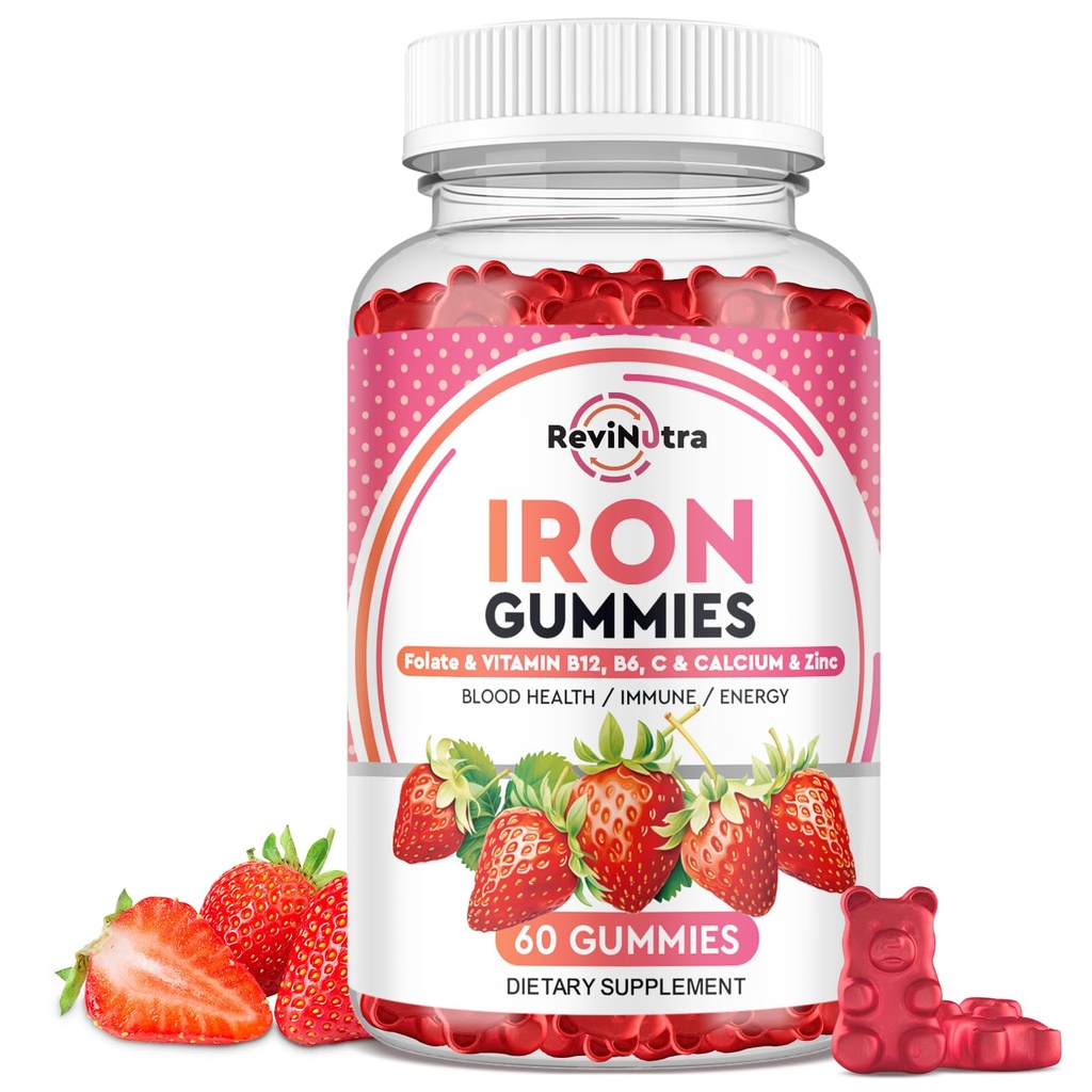 Iron Gummies - with Calcium, Zinc, Folate & Vitamin B12, C,B6 for Adults & Kids - Blood Builder & Energy Support for Iron Deficiency, Anemia, Vegan - 60 Gummies