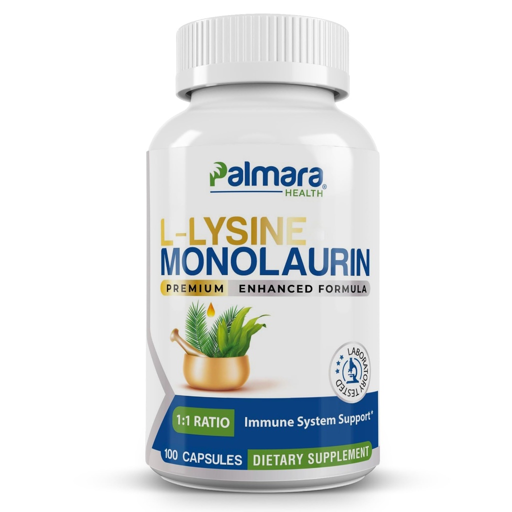 Palmara Health L-Lysine with Monolaurin 600mg 1:1 Ratio, 1 Pack, 100 Capsules