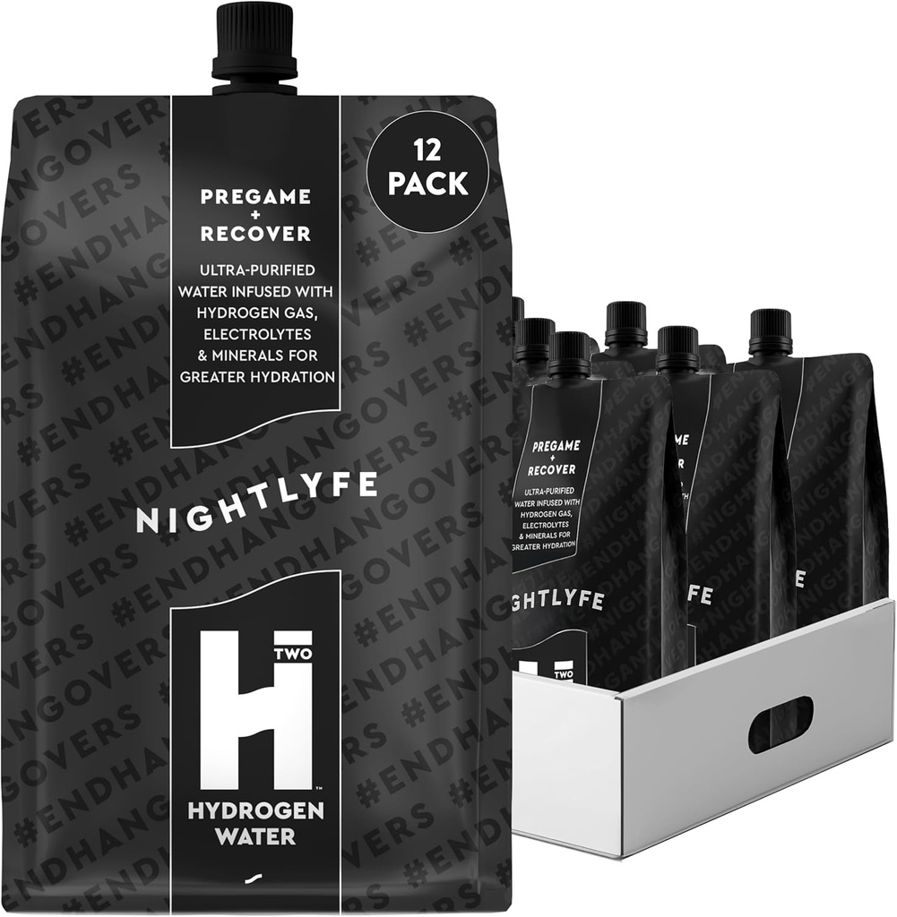 HTWO Nightlyfe Recovery, 16.9oz Premium Hydrogen Infused Water with Electrolytes, Vitamins, and Minerals, 12-Pack, Functional Hydration Packets for Recovery & Mental Clarity, Sugar Free