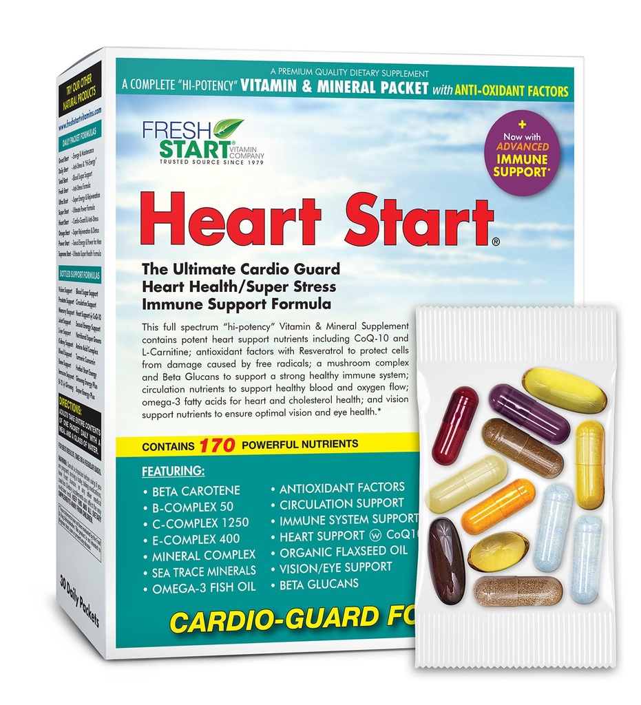 Heart Start All-in-One Daily Vitamin Pack - Heart & Circulation Support - CoQ10, Omega-3 Fish Oil, L-Carnitine, Resveratrol, Hawthorn Berry & Antioxidants - 30 Day Supply