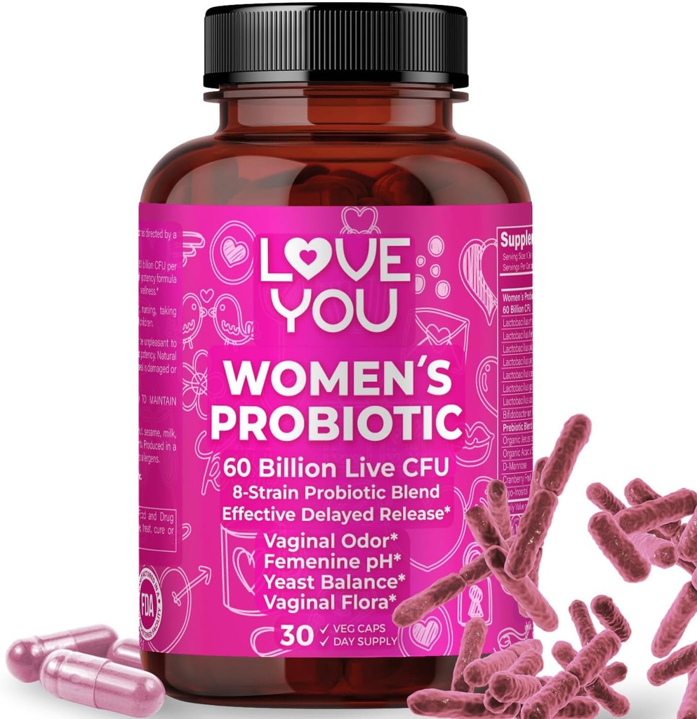 Love You Womens Probiotic, Ph Balance, Ut, Feminine, Vaginal Health Supplement, Digestive, Pre + Pro + Postbiotic, Delayed Release, 60 Billion Live CFU, 8-Strain Probiotic Blend, 30 Veg Caps Servings