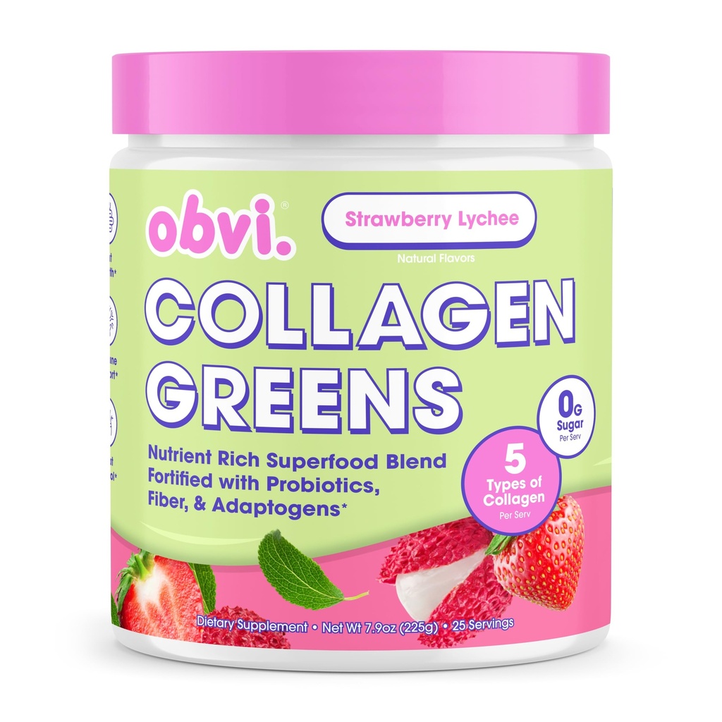 Obvi Collagen Greens | Organic Greens Superfood Powder with Collagen Peptides | Probiotics for Gut Health, Skin, Hair, Nails | Gluten-Free, Zero Sugar | Strawberry Lychee Flavor, 25 Servings