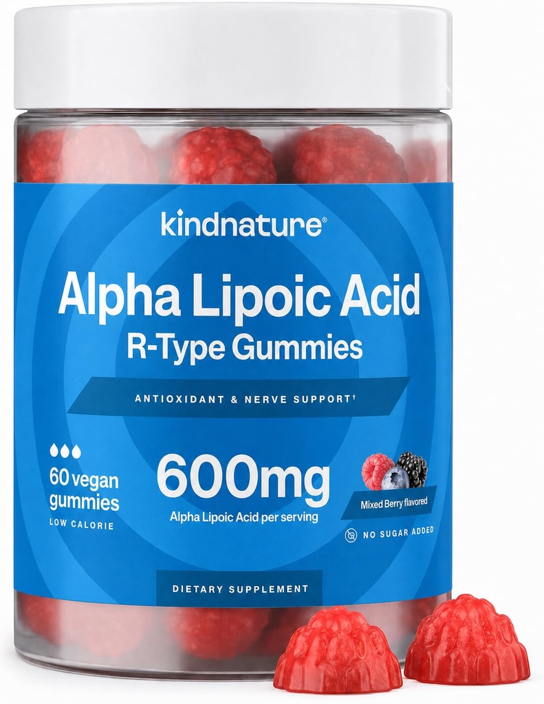kindnature Alpha Lipoic Acid Gummies 600mg – Neuropathy Supplements – ALA for Nerve Comfort & Antioxidant Support – Sugar-Free, Vegan, Non-GMO – 90 Gummies