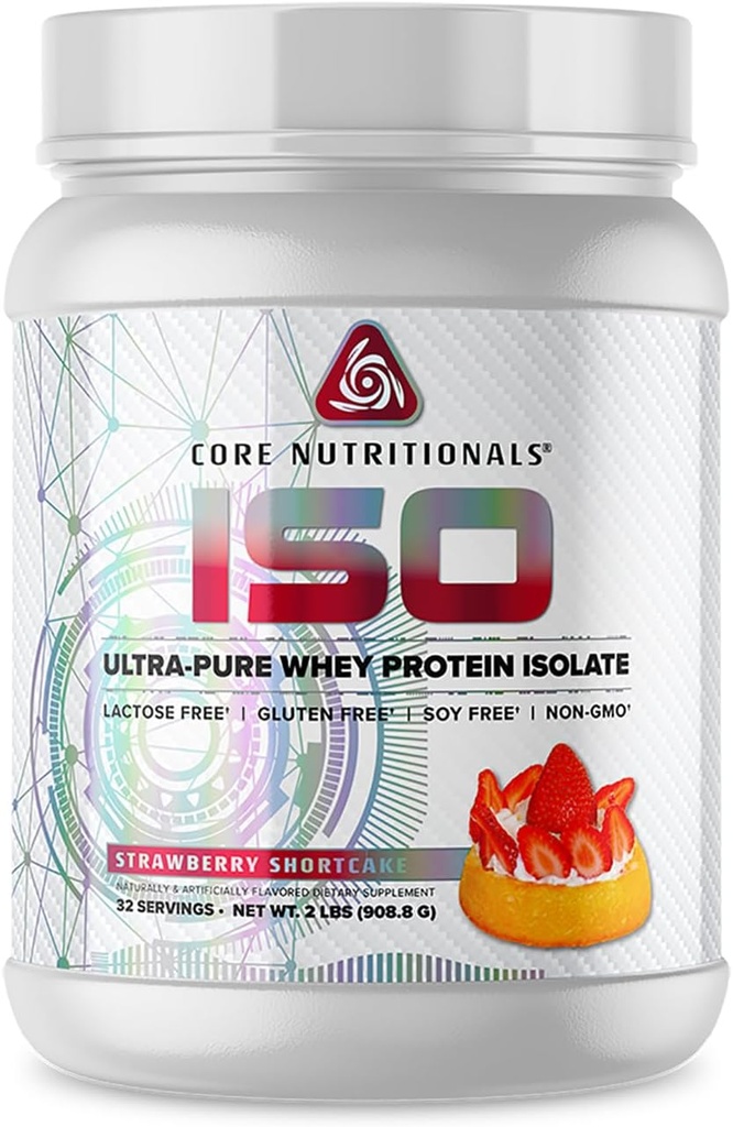Core Nutritionals Iso Whey Protein Isolate | Lactose, Gluten, & Soy Free | 100% Micro Filtered, Cold Pressed | 25g Protein | 2 Pound (Strawberry Short Cake)