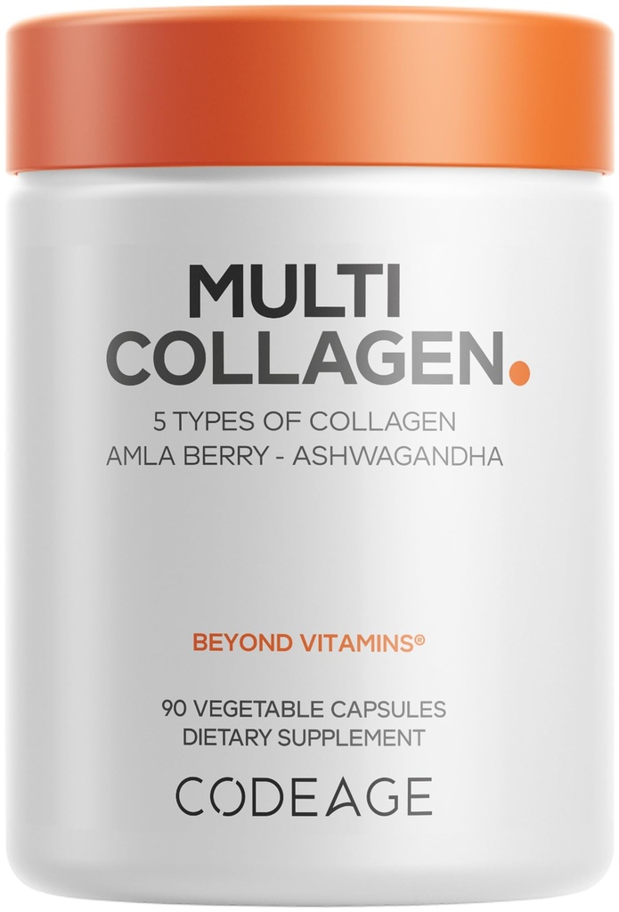 Codeage Multi Collagen Peptides Protein Capsules, 5 Collagen Types, Grass-Fed & Hydrolyzed Bovine Collagen Pills Supplement, Ashwagandha, Amla Berry Vitamins, Collagen Peptides - 90 Capsules