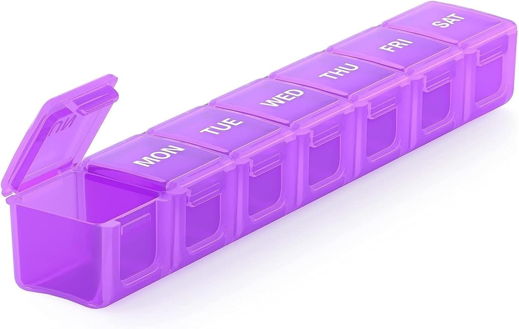 Sukuos Extra Large Weekly Pill Organizer, 7 Day Daily Pill Box Case Arthritis Friendly, Silkscreen Printed Medicine Container with Clear Lid for Vitamins, Fish Oils or Supplements (Purple)