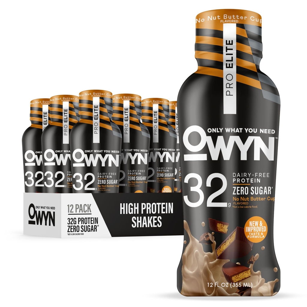 OWYN Only What You Need Pro Elite No Nut Buttercup Flavored Protein Shake, 32g Protein, 0g Sugar, High Protein, Dairy Free, Gluten Free, Plant Based Protein Drink, 12 Count