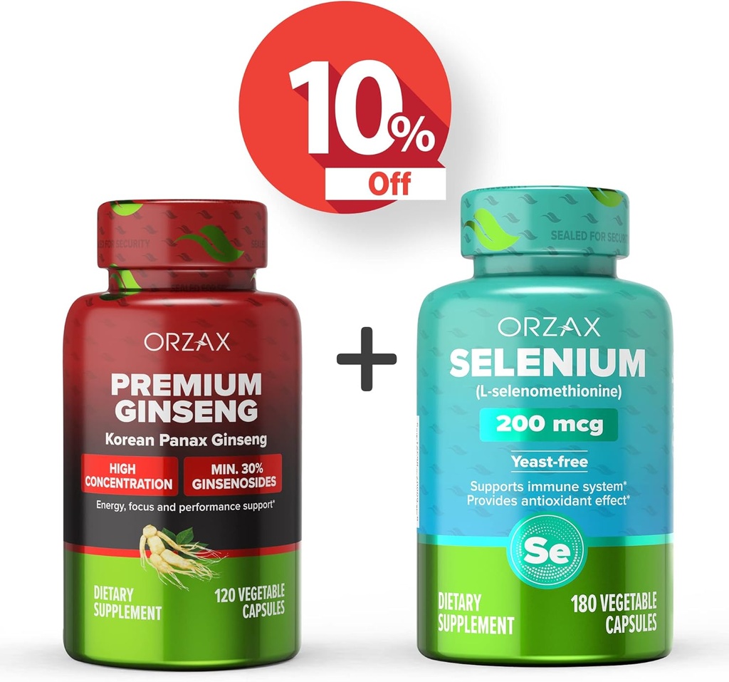 ORZAX Premium Ginseng 120 Vegatable Capsules and Selenium 200 Mg 180 Vegatable Capsules, Bundle