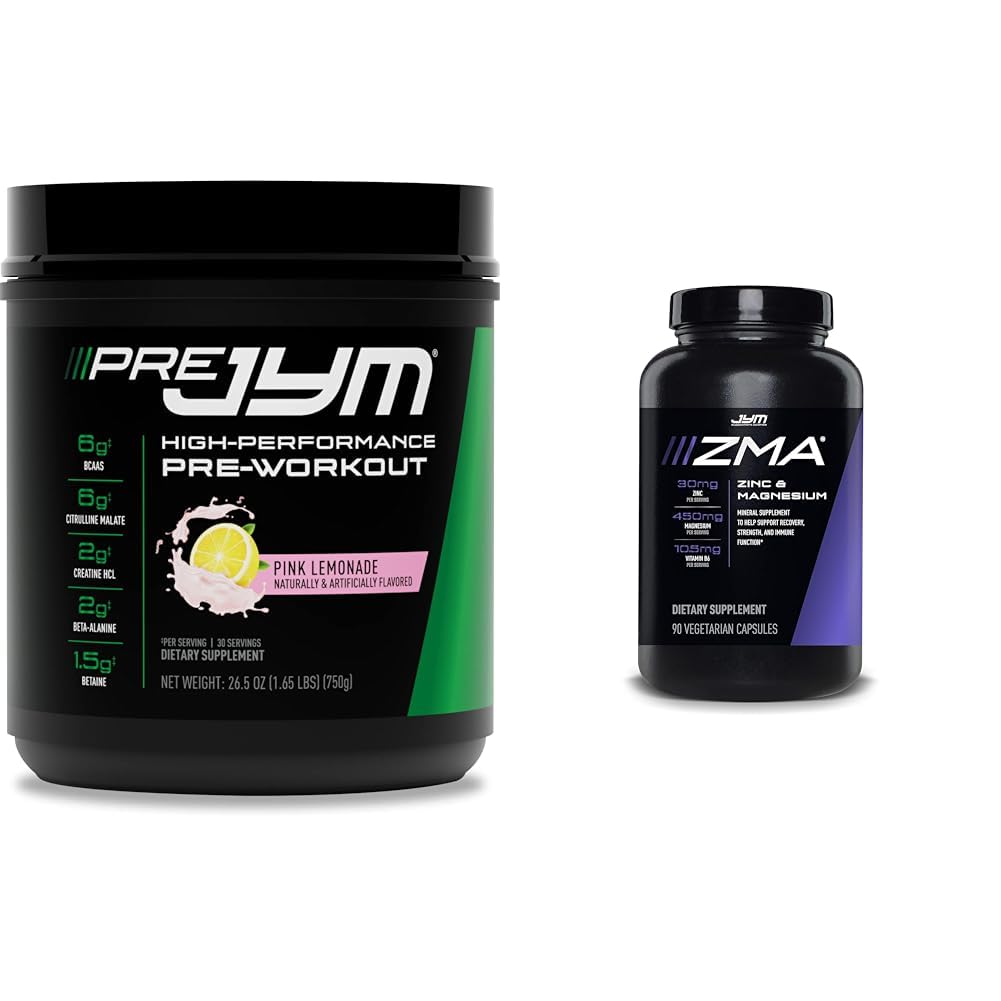 PRE JYM 30 Servings Pink Lemonade & JYM ZMA Zinc/Magnesium Capsules Supplement 90 Vegetarian Capsules