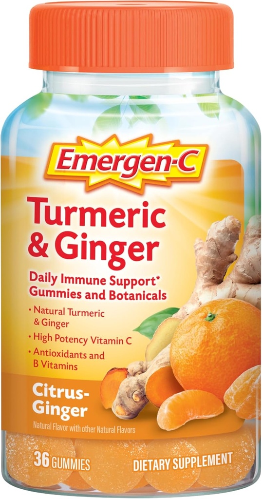 Emergen-C Citrus-Ginger Gummies, Turmeric and Ginger, Immune Support Natural Flavors With High Potency Vitamin C, Back to School Essentials - 36 Count