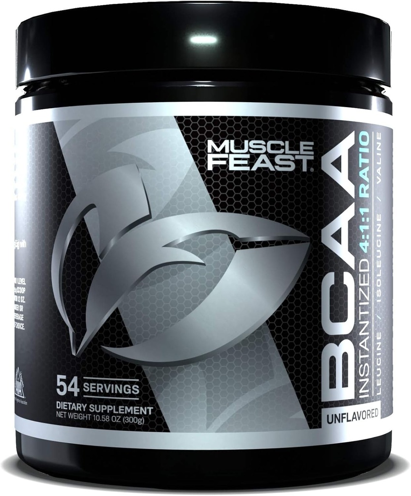 Muscle Feast Vegan BCAA Powder 4:1:1 Ratio Keto Friendly Sugar Free Post Workout Recovery, Unflavored, 300g…