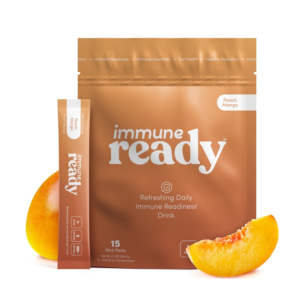 Immune Ready™ Electrolytes Powder Packets - Vitamin C Immune Support Drink Mix with Zinc, D3 & Beta Glucan - Low Sugar Hydration, Delicious Peach Mango Flavor