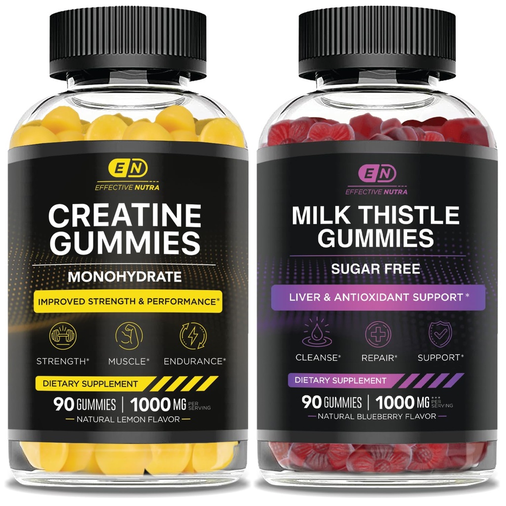 EFFECTIVE NUTRA Creatine Monohydrate Gummies 90ct & Sugar Free Milk Thistle Gummies 90ct