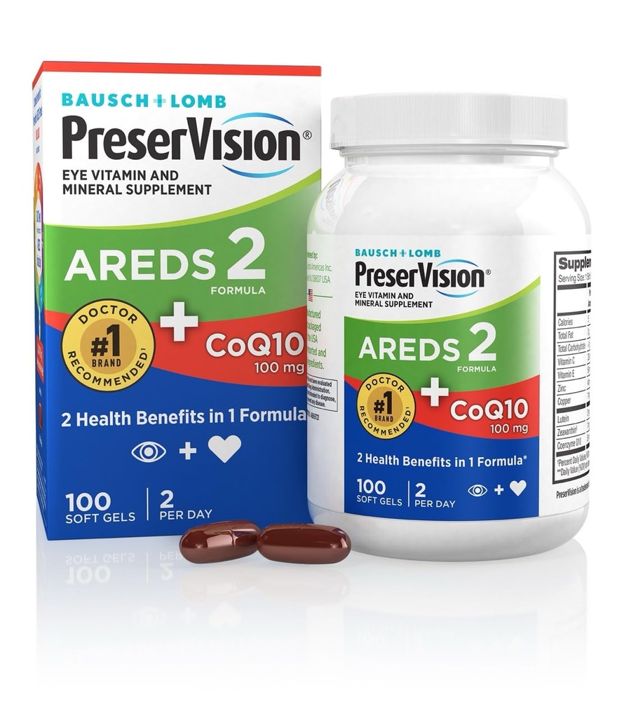 PreserVision AREDS 2 Eye Vitamins with CoQ10 for Heart Health, #1 Eye Doctor Recommended Brand, Lutein and Zeaxanthin Supplement with Vitamin C & E, Zinc, and Copper, 100 Softgels