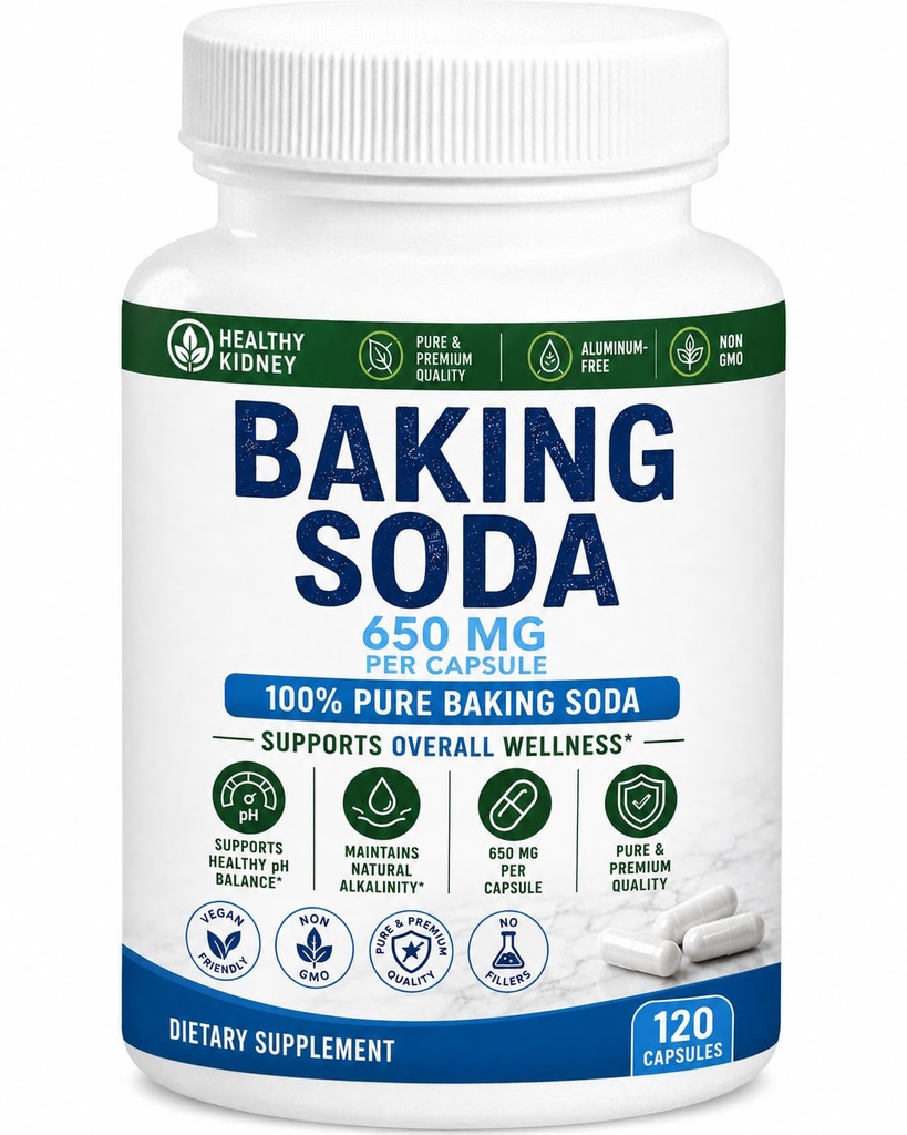 Natural Baking Soda Capsules - 650mg Baking Soda Tablets for Kidney & Stomach Acid - Sodium Bicarbonate Pills, Bicarbonate of Soda, Bicarbonato de Sodio para Tomar, Sodium Bicarbonate 650 mg Tablets