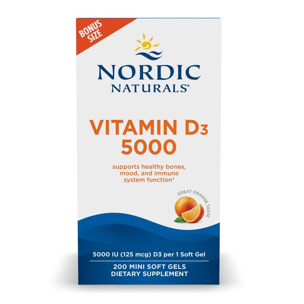 Nordic Naturals Vitamin D3 5000, Orange - 200 Mini Soft Gels - Support for Healthy Bones, Mood, & Immune System - Vegetarian - Non-GMO - 200 Servings