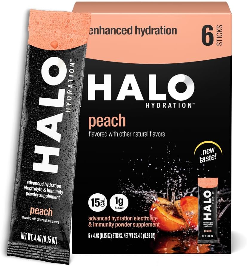 Halo Hydration Electrolyte Powder Packets – Peach - 6 Servings (5g Each) - Organic Hydration Drink with Low Sugar + Essential Vitamins + Minerals - Vegan