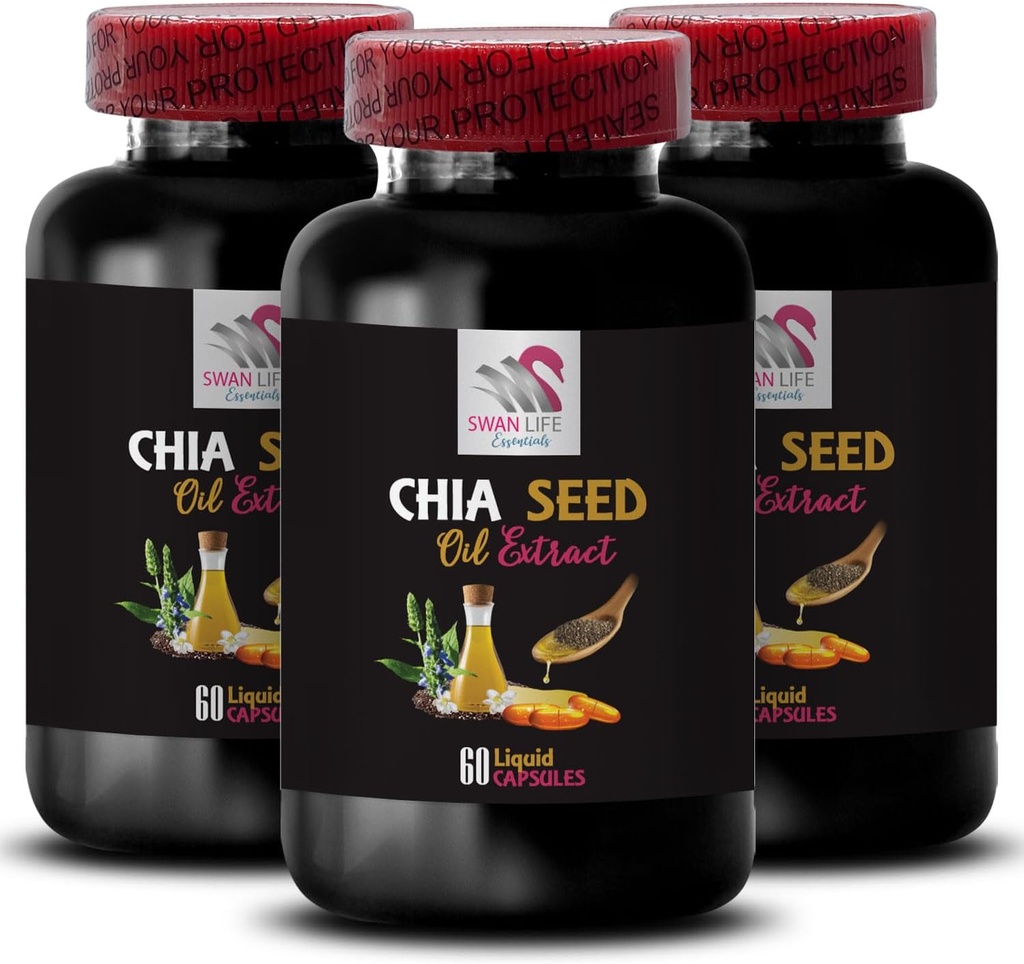 Plant-based oil - CHIA SEED OIL EXTRACT - Hydrating oil, Rich texture, Hair care, Glossy finish, Natural shine, Chia benefits, Lightweight texture, Pure hydration, Body oil, Glow oil 3 Bottle 180 Caps