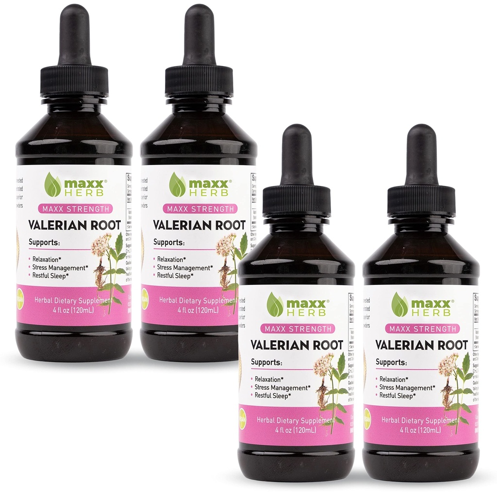 Valerian Root Extract - Max Strength, Liquid Valerian Root Absorbs Better Than Capsules, for Relaxation and Restful Sleep, Alcohol-Free - 4 Bottles, 4 Oz Each (240 Servings)