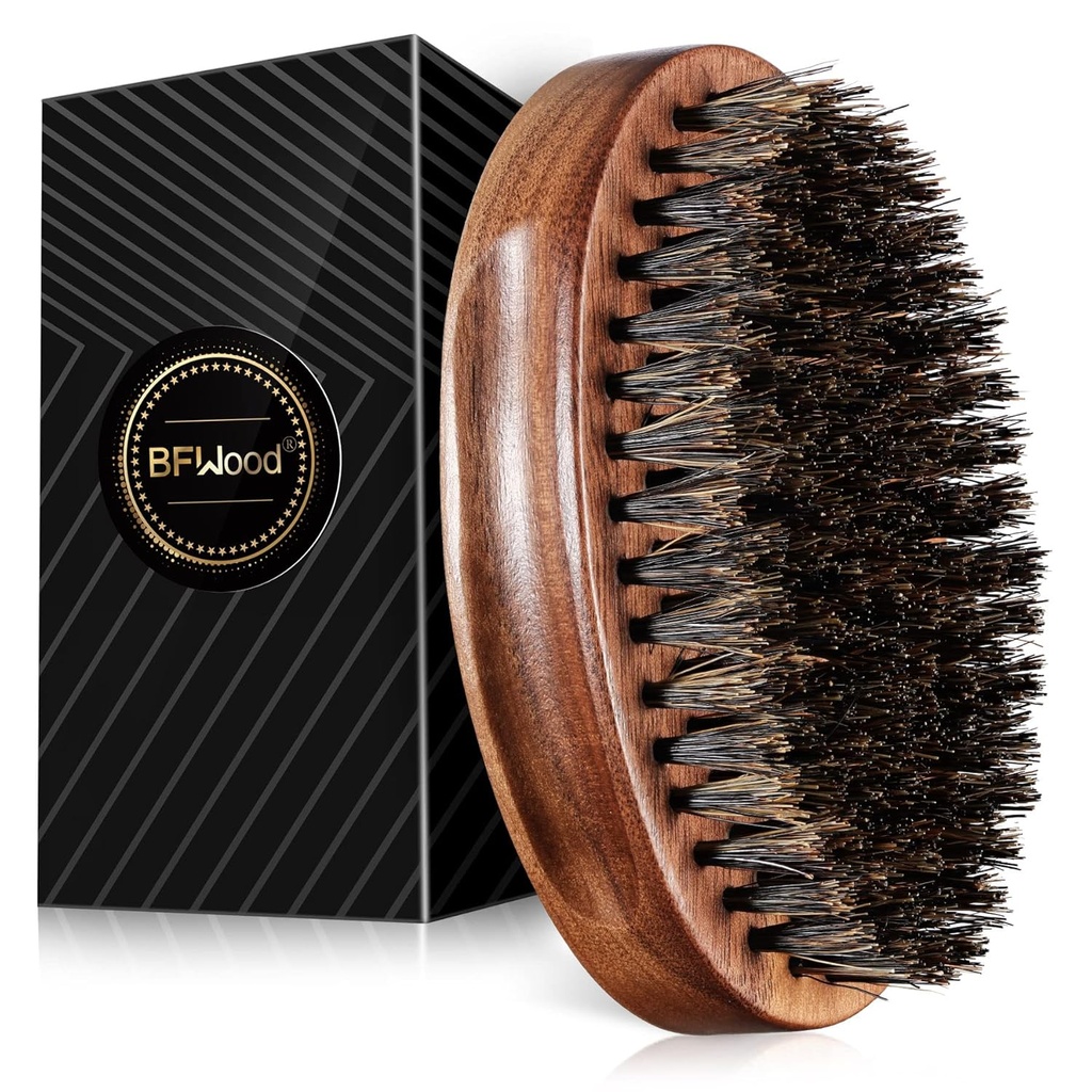 BFWood Boar Bristle Beard Brush - Black Wood Walnut Military Style, Men's Wooden Mustache Brush