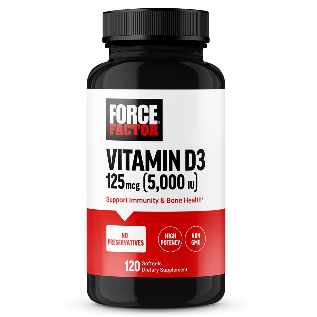 Force Factor Vitamin D3 5000 IU Softgels, High-Potency Vitamin D Supplement to Support Immunity and Bone Health, Premium Quality, No Preservatives, 120 Softgels