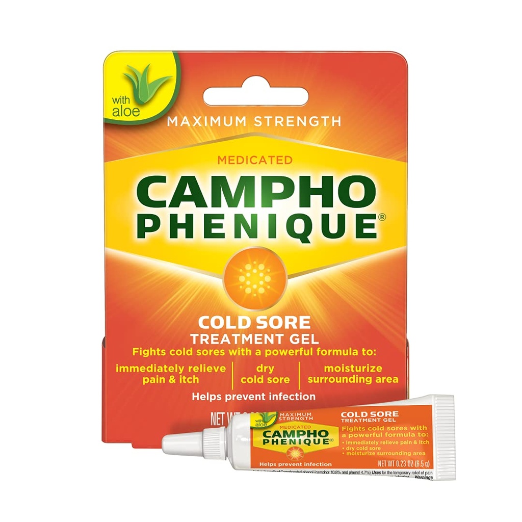 Campho Phenique Cold Sore and Fever Blister Treatment for Lips, Maximum Strength Provides Instant Relief, Helps Prevent Infection To Promote Healing, Original Gel Formula, 0.23 Oz