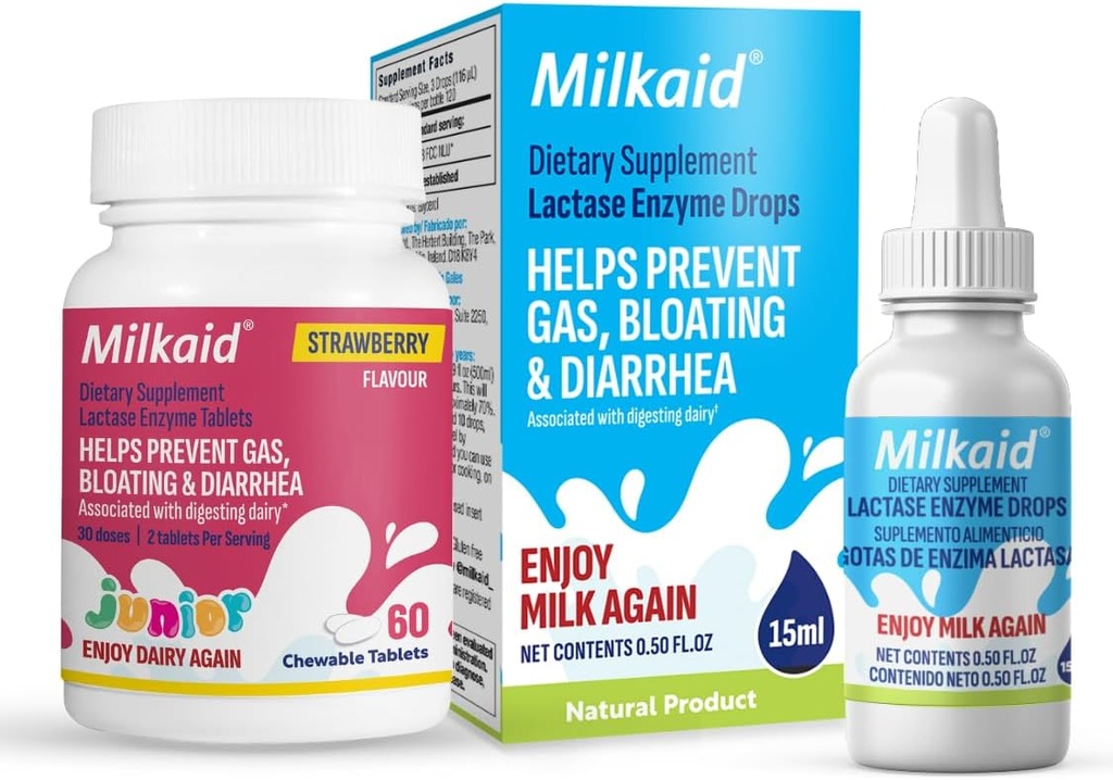 Milkaid Junior Lactase Enzyme Chewable Tablets for Lactose Intolerance | Prevents Gas, Bloating, Diarrhea in Children| Fast Acting Dairy Digestive Supplement for Kids| Strawberry Flavor | 60 ct (2)