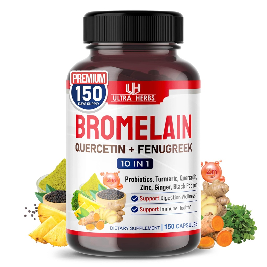 Bromelain Supplement with Quercetin, Zinc, Fenugreek, Turmeric, Ginger, Black Pepper & Probiotics - Supports Digestion, Joint Health & Nutrient Absorption | 150 Capsules
