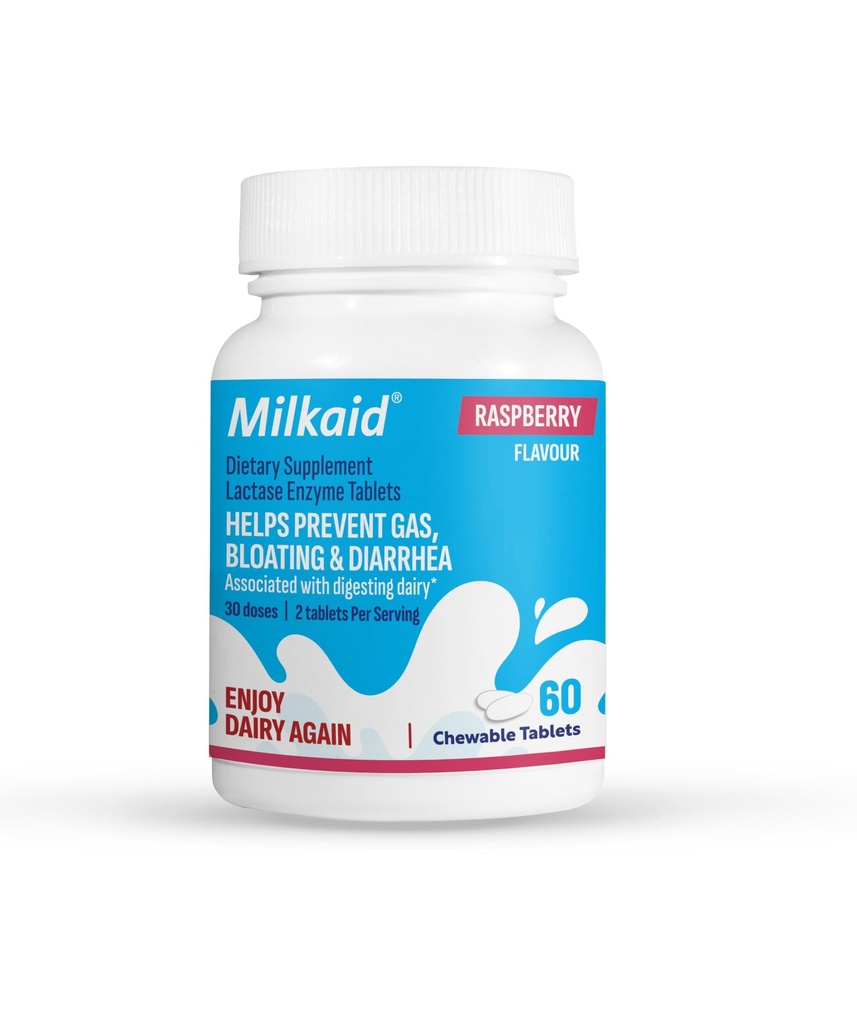 Milkaid Lactase Enzyme Chewable Tablets for Lactose Intolerance Relief | Prevents Gas, Bloating & Diarrhea | Fast Acting Dairy Digestive Supplement (60 Tablets, Raspberry)