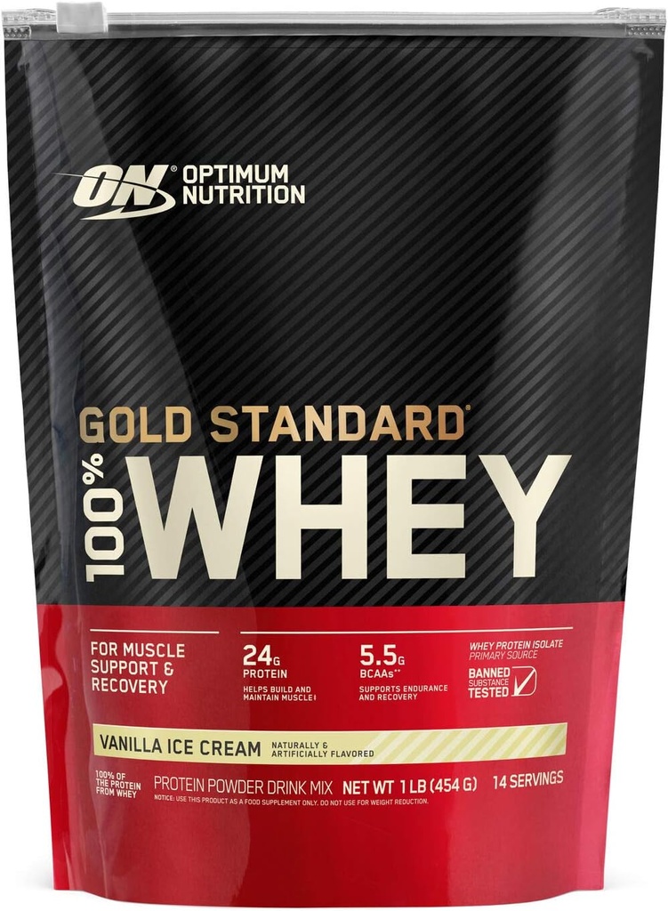 Optimum Nutrition Gold Standard 100% Whey Protein Powder, Vanilla Ice Cream, 1 Pound (Packaging May Vary)