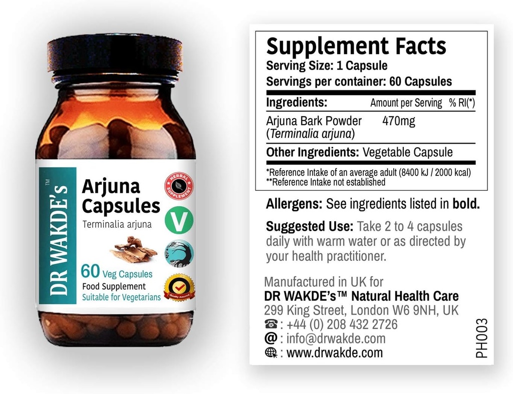 DR WAKDE's Arjuna Capsules (Terminalia arjuna) | 60 Veg Caps | Ayurvedic Supplement | Vegan | 100% Herbal | Quantity Discounts | Same Day Dispatch