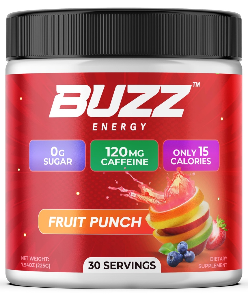 Morning Buzz Energy Drink Powder - Sugar Free Energy Drink Mix - Pre Workout Drink Mix with 18 Vitamins & Minerals, No Jitters, No Crash - Gluten Free, No Artificial Dye, Original Fruit Punch Flavor