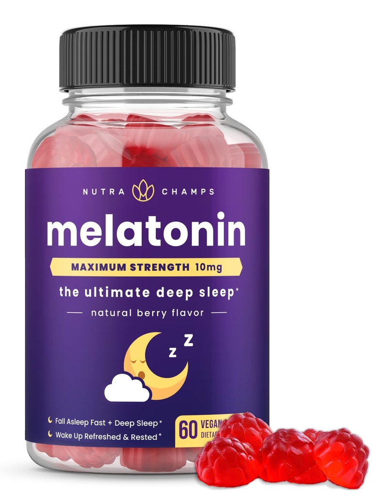 NutraChamps Melatonin Gummies for Adults, Extra Strength Sleep Aid Vitamins, 5mg or 10mg Dose, Vegan Natural Strawberry Flavor Supplement for Better Sleep, Healthy Sleep Cycles, 60 Gummies