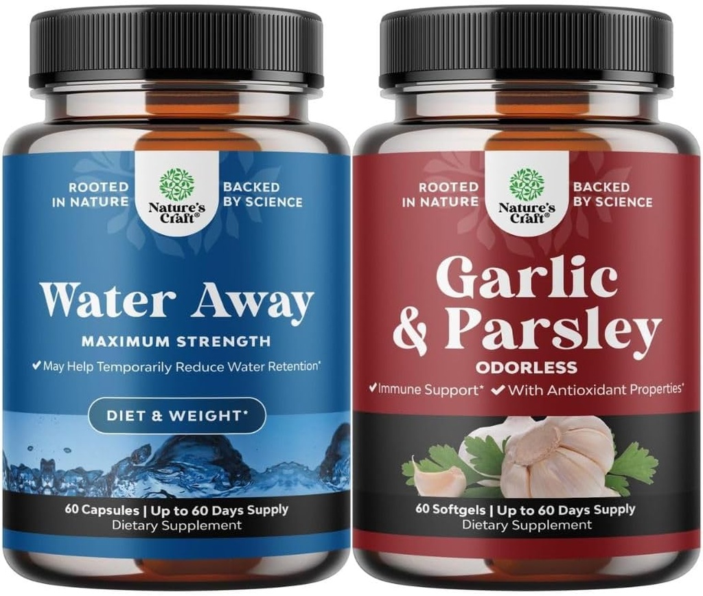 Bundle of Water Away Fluid Retention with Dandelion Leaf Extract & Green Tea for Bloating Relief and Concentrated Odorless Garlic Softgels - Parsley Extract & Aged Garlic Supplements for Gut Support