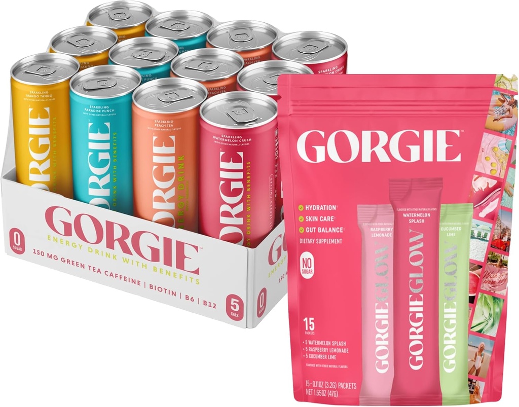 GORGIE Variety, Sugar-Free Natural Energy Drink and Glow Variety Pack 15, Electrolyte Powder Healthy Drink Mix