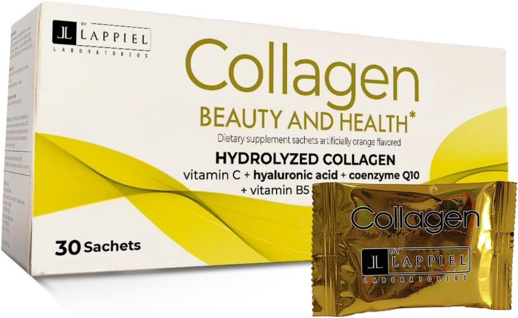 Hydrolyzed Collagen Peptides 30 Powder Packets with Vitamin C (1000mg) & Hyaluronic Acid, That Supports Hair, Skin, Nails & Joints, Orange Flavor, 30 Servings
