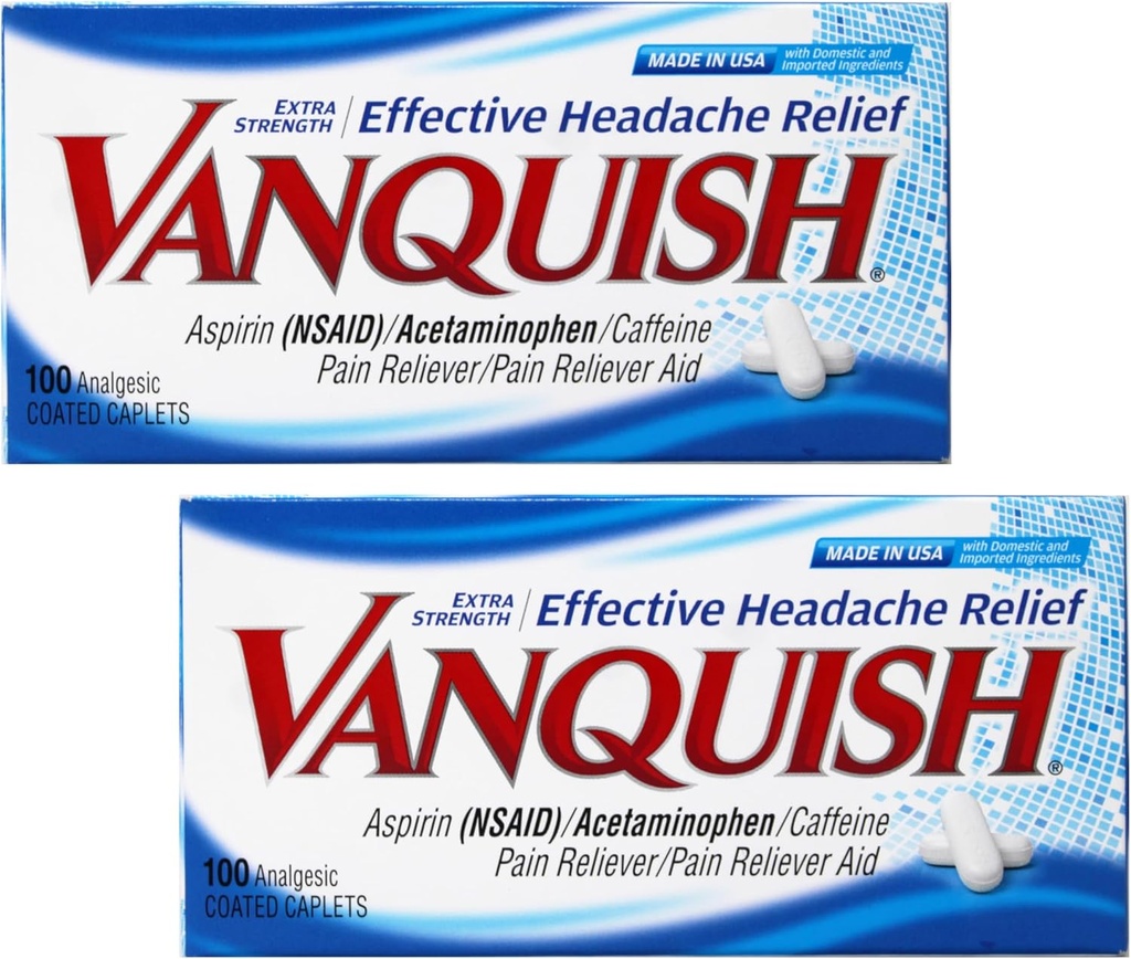 Vanquish Extra Strength Headache and Pain Relief, with Acetaminophen, Aspirin, and Caffeine | Digital Eye Strain | 100 Count, Pack of 2