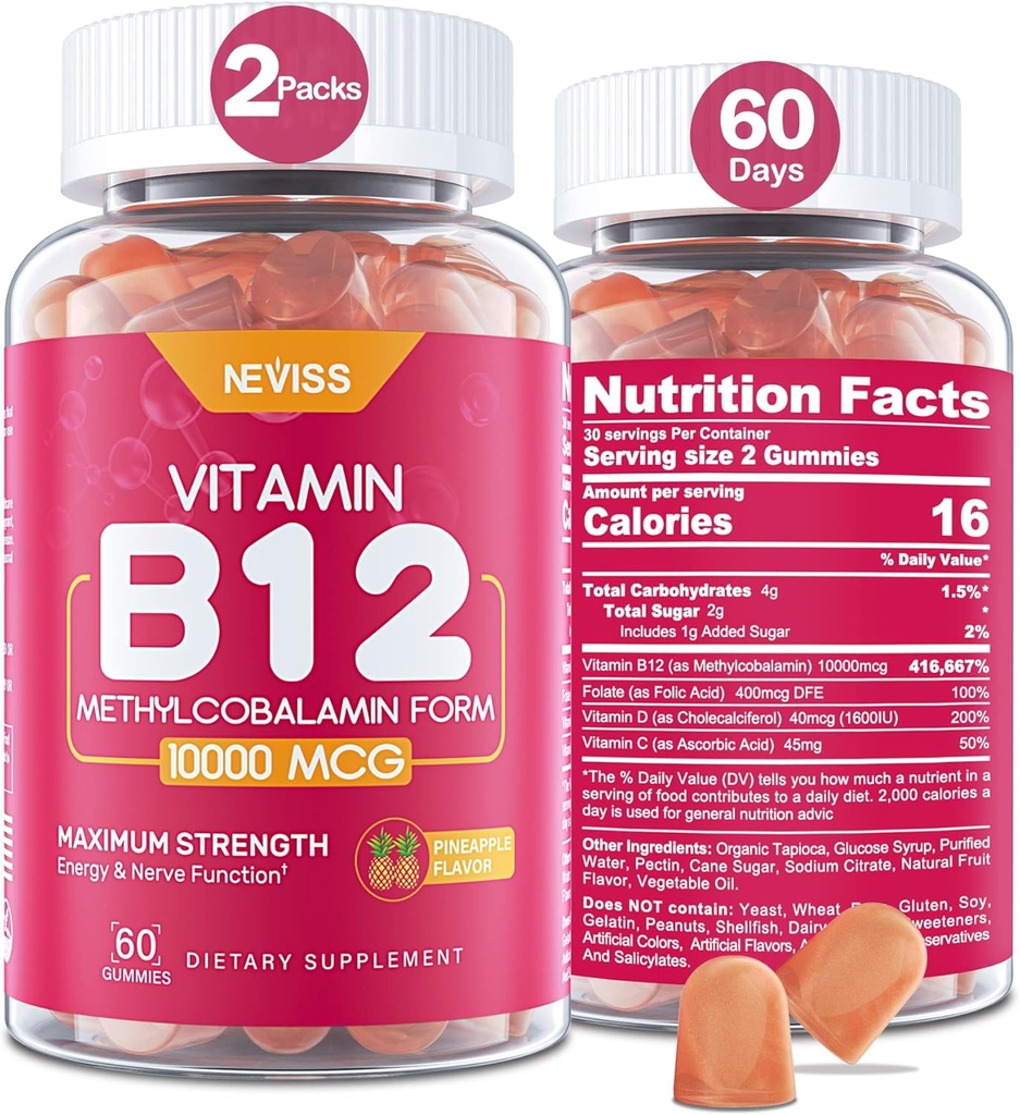 NEVISS Vitamin B12 10000 mcg (Methyl B12) Gummies with Vitamin D3, B9 Vitamin Folate, Vitamin C, for Energy Boost & Metabolism, Nervous System, Strong Bone, Immune Support, Low Sugar, 120 Count