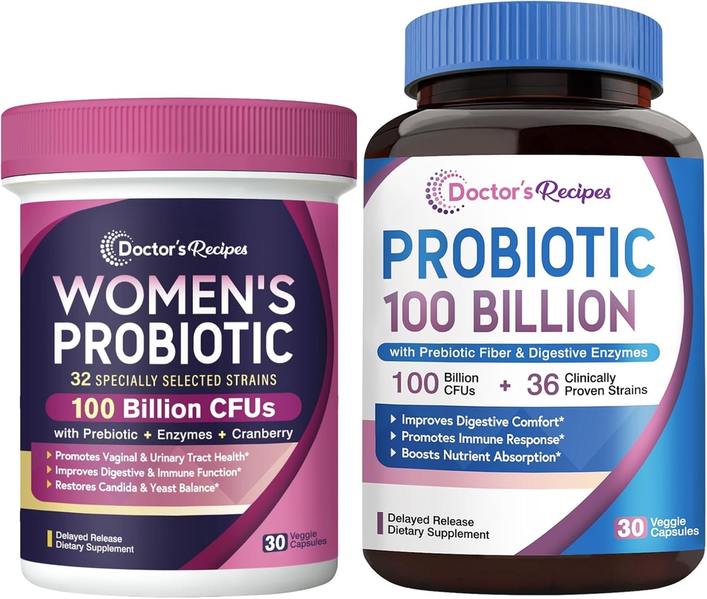 Doctor's Recipes Women’s Probiotics & Probiotics 100 Billion CFUs Bundle, Vaginal & Urinary Health, Digestive Comfort for Men & Women, Shelf Stable, Delayed Release