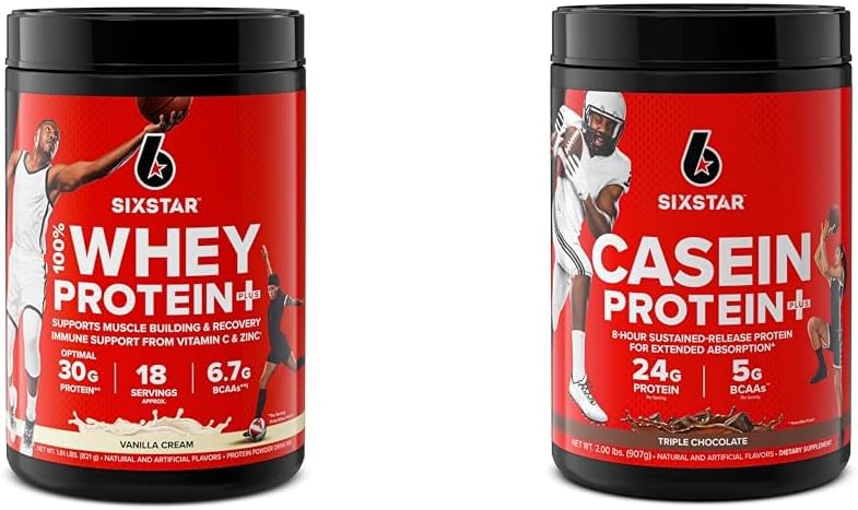 Six Star Elite Series 100% Whey Protein Plus Vanilla Cream 1.8lbs US & Casein Protein Powder Elite Casein Protein Powder Slow-Digesting Micellar Casein Protein