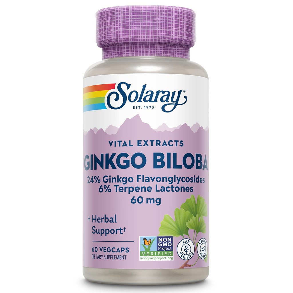 SOLARAY Ginkgo Biloba Extract, Vital Extracts - Brain Supplement - Ginkgo Biloba Capsules for Brain Health and Female Libido Support - Non GMO, Vegan, Gluten Free, 60-Day Guarantee - 60 Servings