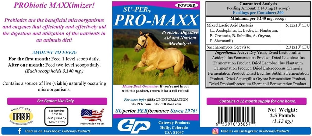 SU-PER Pro-Maxx Probiotics for Horses - Equine Digestive Aid and Nutrient Maximizer - Maintains Proper Gut Health and Microbial Balance - 2.5 Pound, (2 Pack)