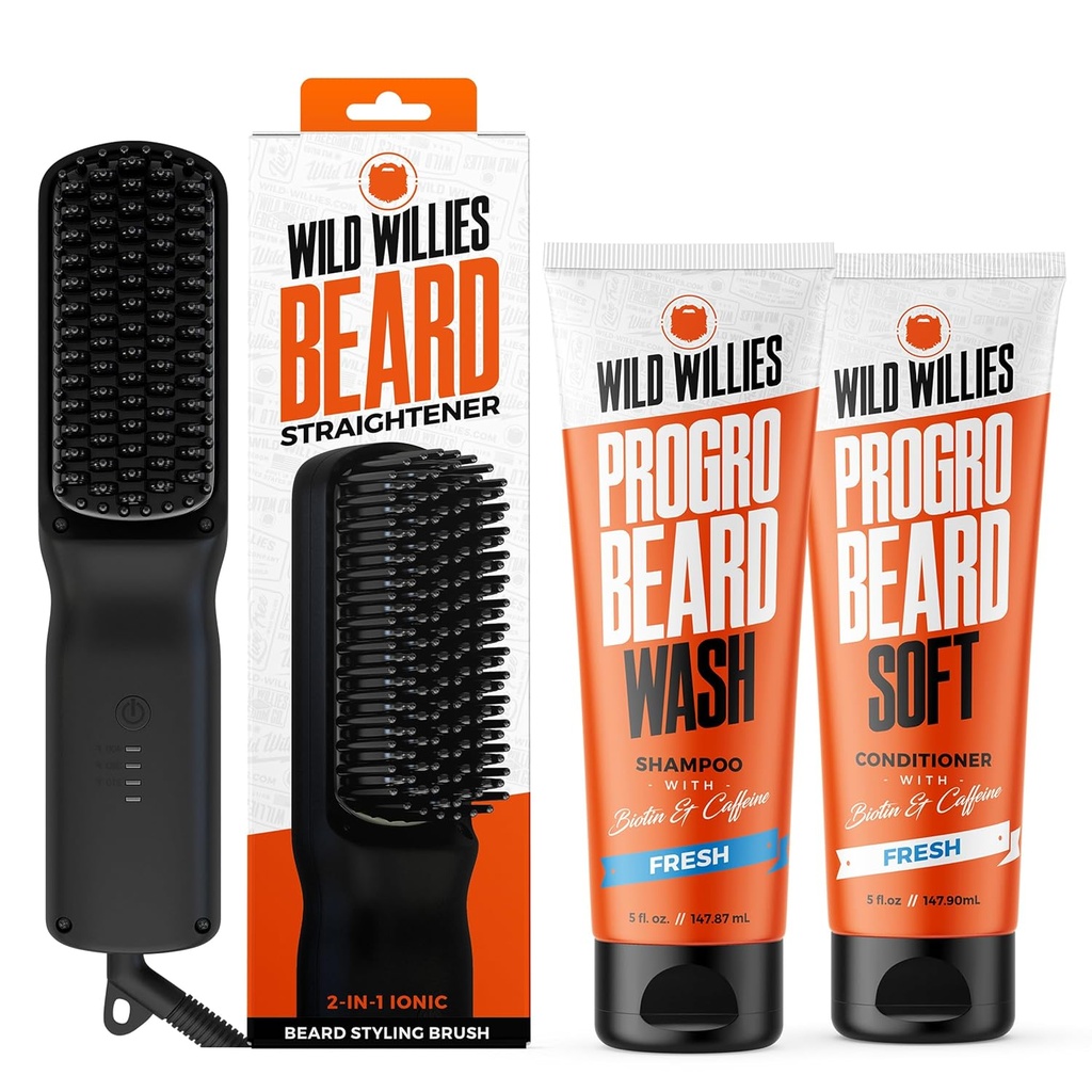 Wild Willies Beard Grooming Kit - Beard Straightener for Men, PROGRO - Fortified with Biotin & Caffeine for Hair Growth, Wash, Hydration - Ionic 2-in-1 Heated Comb Brush, Made in USA