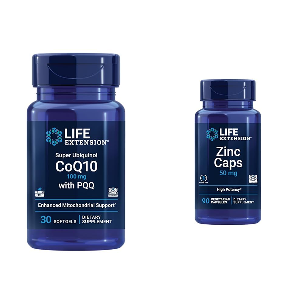 Life Extension Super Ubiquinol CoQ10 with PQQ, CoQ10, PQQ, shilajit, Heart Health & Zinc Caps, zinc 50 mg, zinc Citrate, Support The Body's Immune defenses