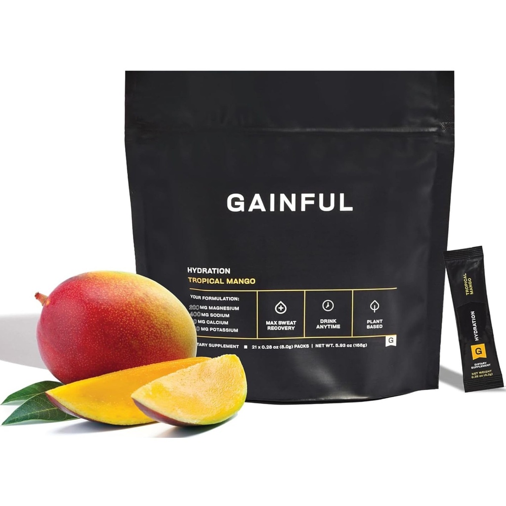 Gainful Hydration Powder Packets, Caffeine Free with Key Electrolytes Magnesium and Sodium, Energy Support, Low Sugar, Tropical Mango, 21 Sticks